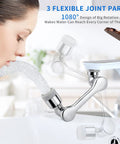 Person using Two Pack Faucet Extender For Bathroom And Kitchen Sinks, Universal 1080 Degree Swivel Robotic Arm Aerator in chrome.