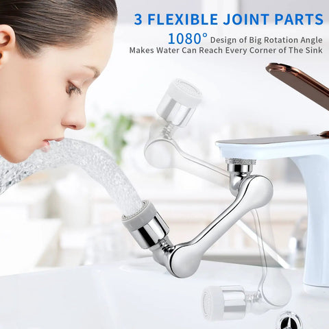 Person using Two Pack Faucet Extender For Bathroom And Kitchen Sinks, Universal 1080 Degree Swivel Robotic Arm Aerator in chrome.