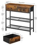 Ultra Slim 29.5 Inch Console Table With 3 Tier Storage, Two Fabric Drawers, Rustic Brown And Black, dimensions labeled