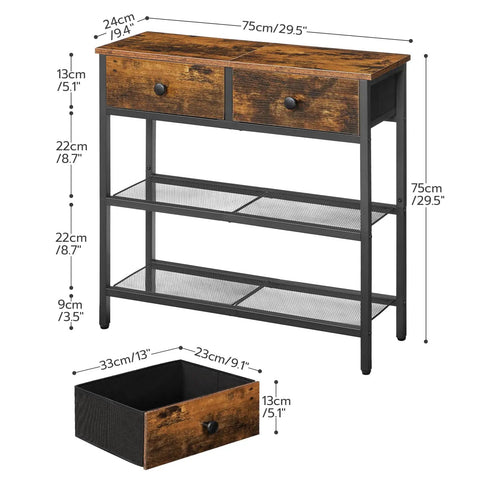 Ultra Slim 29.5 Inch Console Table With 3 Tier Storage, Two Fabric Drawers, Rustic Brown And Black, dimensions labeled