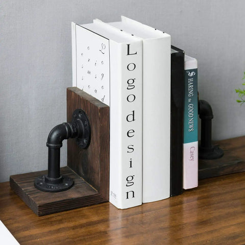 Legit Industrial Bookends Featuring Charred Pine And Genuine Metal Pipe Fittings And Badass 2 Piece Set for holding books on a desk.