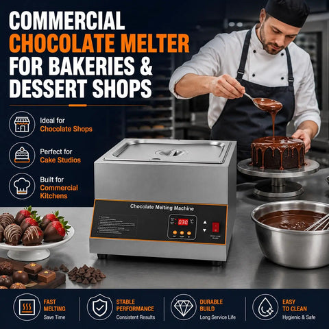 Chef using Heavy Duty Electric Chocolate Melter And Tempering Machine With 12kg Capacity, Stainless Steel Food Warmer in kitchen.
