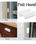 Self-Adhesive Pull Handles 4 Pack for Cabinets Drawers Windows Closets Easy Install Stick-On Handles Durable Removable Black Finish displayed on glass, cabinet, and refrigerator surfaces.
