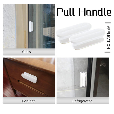 Self-Adhesive Pull Handles 4 Pack for Cabinets Drawers Windows Closets Easy Install Stick-On Handles Durable Removable Black Finish displayed on glass, cabinet, and refrigerator surfaces.
