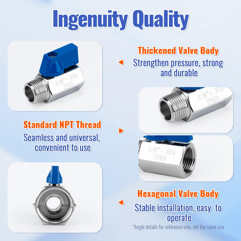 Two Pack 3/8 Inch Mini Ball Valve 304 Stainless Steel Water Flow Control Male To Female NPT Threaded Shut Off Drain Valve diagram