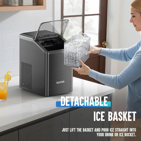 Woman using Chewable Nugget Ice Maker For Countertop Cranks Out 40 Lbs Per Day Of Soft Pellet Ice In 10 Minutes Self Cleaning Sonic Ice Machine For Home Kitchen And Office Black Stainless