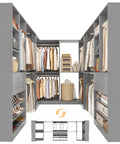 Kickass Heavy Duty U Shaped Walk In Closet Organizer With Four Massive Drawers Ten Reliable Hanging Rods And Six Flexible Shelves Built Like A Tank For Mad Storage Space Finished In Trendy Morandi Grey showing organized clothing and accessories.