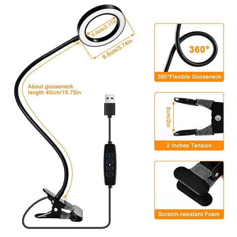 10X Magnifying Glass With Light And Timer 2 In 1 Desk Lamp with flexible gooseneck, USB connection, and clip attachment.