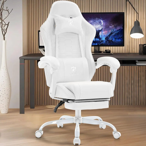 White Gaming Chair With Footrest And Massage Lumbar Support Gel Pad Ergonomic Reclining PU Leather Gamer Chair With Headrest