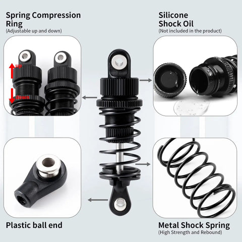 Close-up of 55mm Front And Rear Oil Filled Shock Absorber Damper Suspension Set for Tamiya TT02 showing components and details