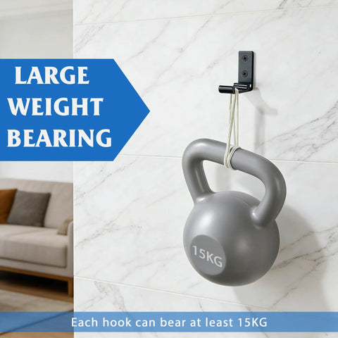 Built Different Matte Black Wall Mount Towel And Coat Hooks, Heavy Duty Aluminum Alloy Hat Racks With Smooth Non Skid Rings, Rust Free Bathroom Hardware, Top Shelf Durable Finish For Closets And Entries, Includes Four Pieces with a kettlebell weighing 15KG hanging.