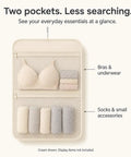 Slick Hanging Closet Sorter With Dual Zippered Mesh Pouches For Hassle Free Underwear And Sock Taming In Smooth Cream Cloth, showing bras, socks, and accessories.