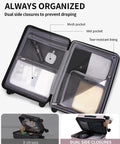Interior view of recycled polycarbonate carry-on luggage with mesh and wet pockets, X straps, and dual side closures for organization.