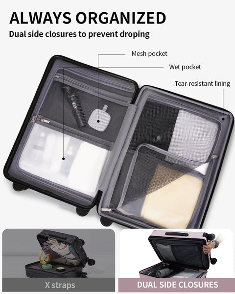 Interior view of recycled polycarbonate carry-on luggage with mesh and wet pockets, X straps, and dual side closures for organization.