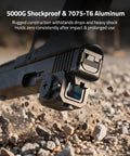 Solar Enclosed Red Dot Sight For ACRO Style Builds, 2 MOA Dot With 36 MOA Circle, Dual-Lens Enclosure Keeps Hellish Dust Out, Shock Resistant, Mud And Debris Guard, Quick Target Acquisition, All-Weather Precision on pistol slide, 7075-T6 aluminum