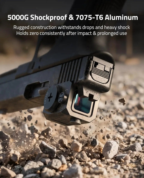 Solar Enclosed Red Dot Sight For ACRO Style Builds, 2 MOA Dot With 36 MOA Circle, Dual-Lens Enclosure Keeps Hellish Dust Out, Shock Resistant, Mud And Debris Guard, Quick Target Acquisition, All-Weather Precision on pistol slide, 7075-T6 aluminum