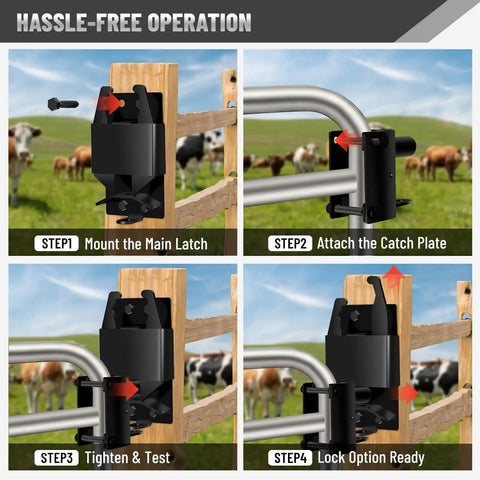 Hella Tough Double Action Barn Gate Latch Kit With Built In Padlock Eye For Round Pipe Metal Fencing Plus Complete Mounting Hardware In Corrosion Resistant Black Zinc Coating step-by-step installation.