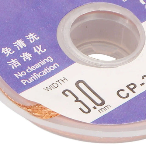 Close-up of Pro Grade Solder Wick Desoldering Braid 1.5m, showing copper material and packaging details.