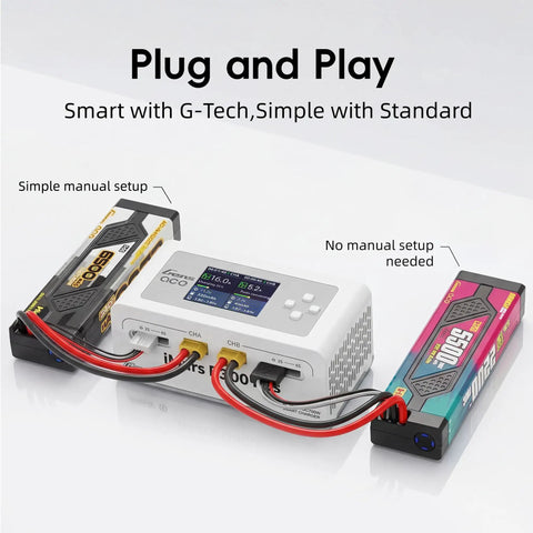 Dual LiPo Charger For RC Fans With Bluetooth App Control, 16A AC 300W DC 700W in white charging two LiPo batteries