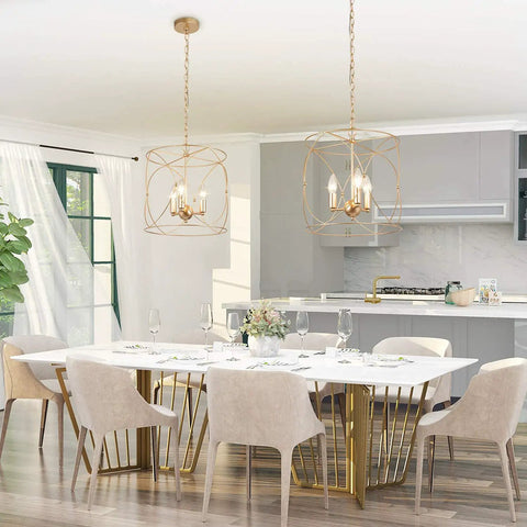 Gold Pendant Light With Cylindrical Lattice Cage Frame And Spherical Center above a modern dining table