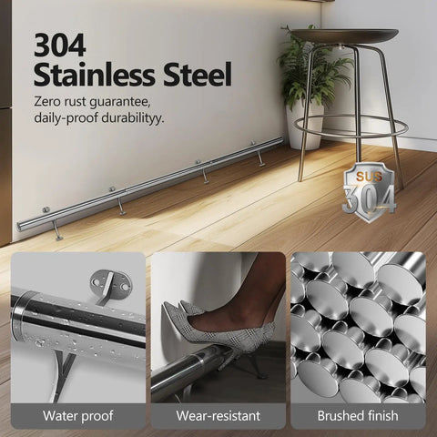 Stainless Steel Bar Foot Rail Kit 8Ft Premium 304 Tubes With Polished Finish And Brushed Brackets advertisement showing features