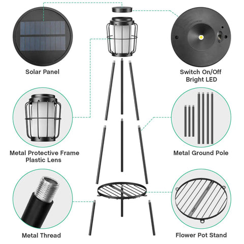 Diagram of 2 Pack Outdoor Solar Lights With Plant Stand And Tall Metal Planter Holder components and features