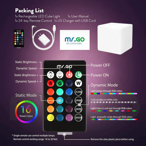 4 Inch Dimmable LED Night Light Mood Cube With 16 RGB Colors, remote control, and charger on a purple background