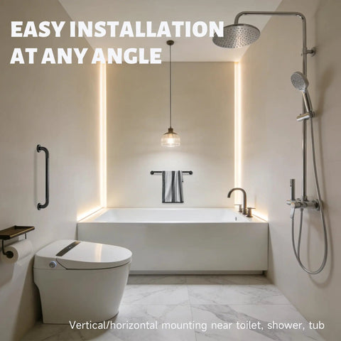 Heavy Duty Two Pack 24 Inch Shower Grab Bar Tough As Nails 1 Point 25 Inch Diameter Matte Black 304 Stainless Steel Knurled Safety Handrail For Seniors And Mobility Support installed in modern bathroom.