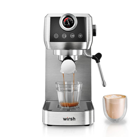 Pro Semi Automatic Espresso Maker With Built In Milk Frother And Touch Screen Brewing espresso shot into glass