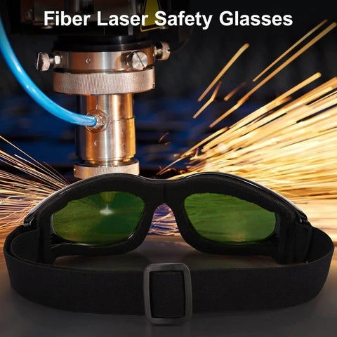 Fiber laser safety glasses with black frame and green lenses, adjustable strap, for laser engraving and cutting.