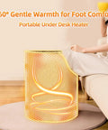 Under Desk Electric Foot Warmer For Office And Home showing 360-degree graphene heating, cylinder shape near a seated person on couch.