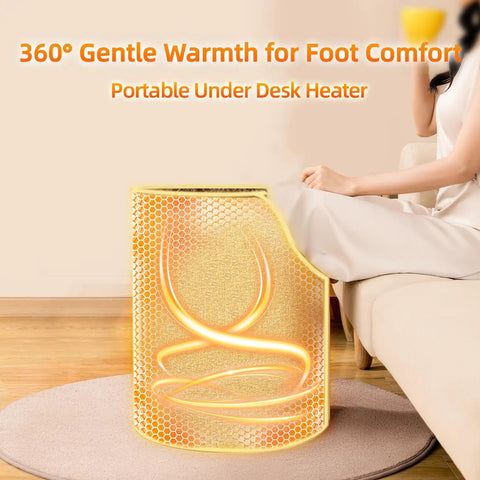 Under Desk Electric Foot Warmer For Office And Home showing 360-degree graphene heating, cylinder shape near a seated person on couch.
