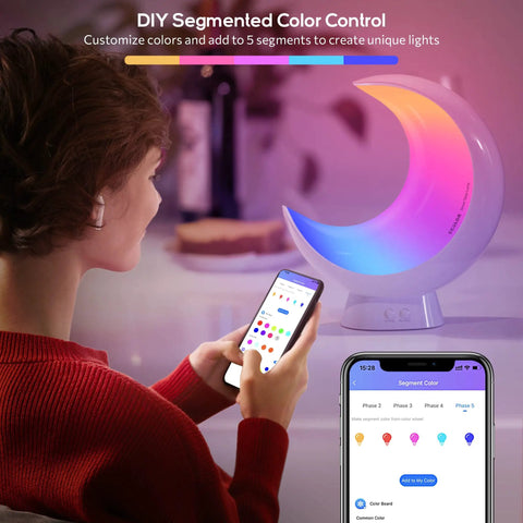 Person using phone app to control Rechargeable Dimmable Moon Lamp With Bluetooth App Control And RGB Color Changing Light For Kids.