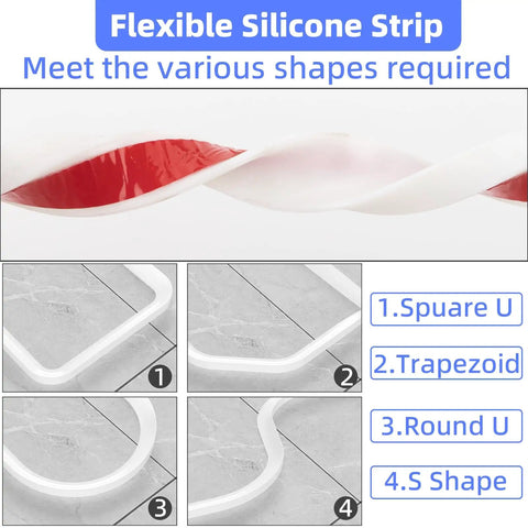Close-up of flexible silicone trim strip forming various shapes for 39 Inch Shower Threshold Dam Barrier Silicone Shower Door Seal.
