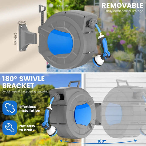 Retractable Garden Hose Reel Wall Mount With 100 Ft Hose Half Inch Diameter Automatic Slow Rewind Lock Any Length 180 Degree Swivel