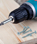 Heavy Duty Modified Truss Head Wood Screws Size 8 X 3/4 Inch, 200 Piece Pack, Silver Carbon Steel Finish with drill on wood.