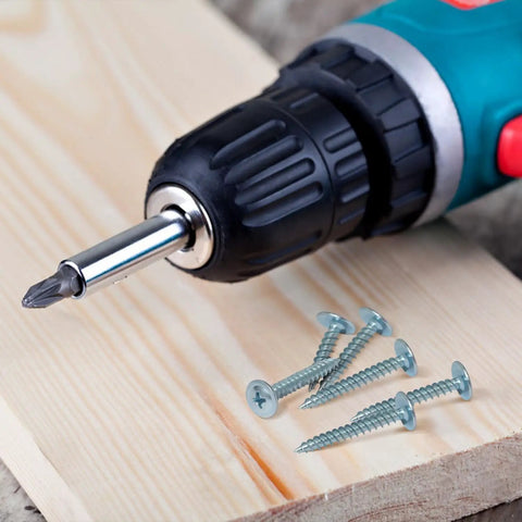 Heavy Duty Modified Truss Head Wood Screws Size 8 X 3/4 Inch, 200 Piece Pack, Silver Carbon Steel Finish with drill on wood.