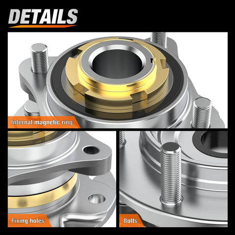 Close-up of front wheel bearing and hub assembly details including internal magnetic ring, fixing holes, and bolts.