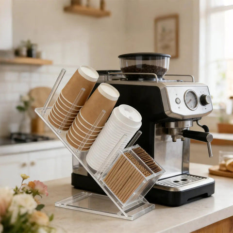 Clear Acrylic Coffee Cup And Lid Holder With Straw Organizer Five Compartment Disposable Cup Dispenser And Countertop Storage Rack