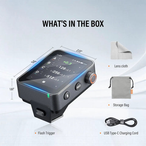 X3 Pro C 2026 TTL Flash Trigger For Canon shown with LCD touchscreen, lens cloth, storage bag, and USB Type-C cable