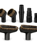 Seven Piece Horse Hair Vacuum Attachment Set With Round Dusting Brush Attachments And Adapters For Most Vacs Includes One And A Quarter Inch Vacuum Hose Adapters For Easy Swaps And Deep Cleaning showing various brush and adapter pieces.