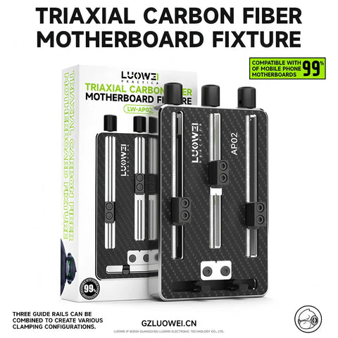 Rock Solid Carbon Fiber Motherboard Fixture Featuring Smooth Triaxial Screw Rods and a Hassle Free Universal Repair Clamp.