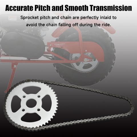 Beefy 420 Chain Sprocket For Mini Bikes And Go Karts, 50 Tooth, 40mm Bore shown with chain and mini bike