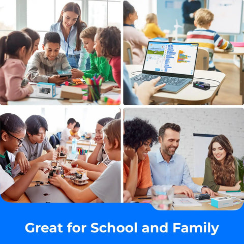 CyberPi Project Based Coding Kit For Kids Ages Eight To Twelve With Hands On STEM Projects Including An Auto Driving Car An Oscillating Fan And A Smart Trash Bin Made To Spark Creative Problem Solving And Real World Tech Skills. Kids and teachers using coding kit in classroom