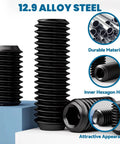 Must Have Heavy Duty Set Screw Assortment Kit 550 Pcs 25 Sizes Metric SAE Grub Screws Black 12.9 Alloy Steel Close-up