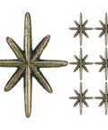 Six Piece Antique Gold Cast Iron Drawer Pulls And Cabinet Knobs Set With Eight Pointed Star Burst Design, sturdy hardware for dressers and cabinets.