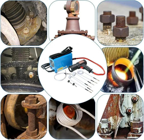 Handheld 1500W Induction Bolt Heater For Rusty Nut Removal, Portable Heat Induction Machine With Four Coils, close-up of device and rusted bolts
