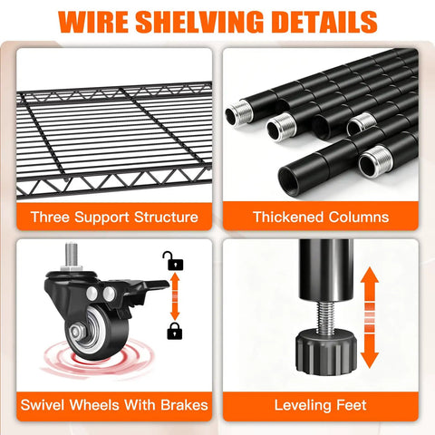 Beefy 5 Tier Rolling Wire Shelving Unit On Wheels 36 Inch Wide By 14 Inch Deep By 73 Inch High Adjustable Shelf Heights 1750 Lb Capacity Metal rack parts with support frame, swivel wheel, and leveling foot details