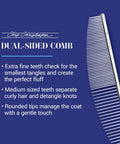 Dual-sided grooming comb with extra fine and medium teeth, featuring Crescent Butter Comb Finishing Tool For Precision Detailing, 6.5 Inch Coarse And Fine Teeth, Pro Grooming Quality, Rounded Corners Prevent Friction And Breakage, Solid Brass Spin With Steel Teeth, Chrome Finish.