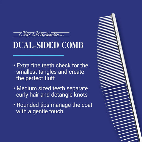 Dual-sided grooming comb with extra fine and medium teeth, featuring Crescent Butter Comb Finishing Tool For Precision Detailing, 6.5 Inch Coarse And Fine Teeth, Pro Grooming Quality, Rounded Corners Prevent Friction And Breakage, Solid Brass Spin With Steel Teeth, Chrome Finish.